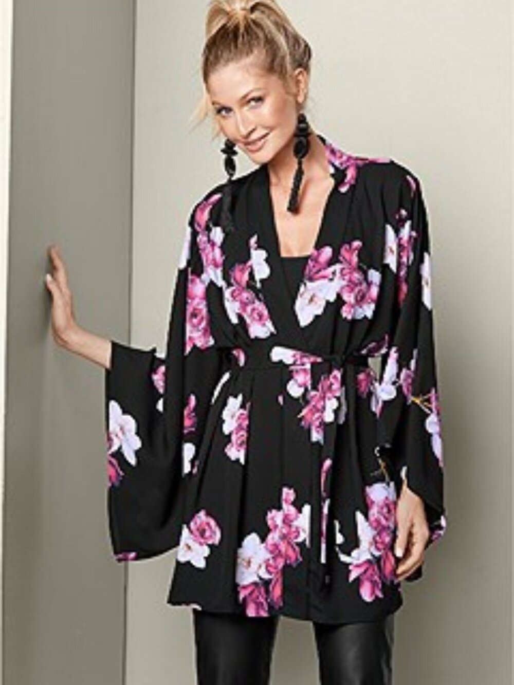Venus Floral Print Kimono Top Black Pink Orchid Wrap Front Bell Sleeve Goth
